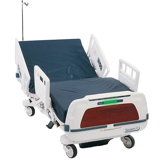 Stryker Secure II 3002 MedSurg Hospital Bed with blue mattress on a white background