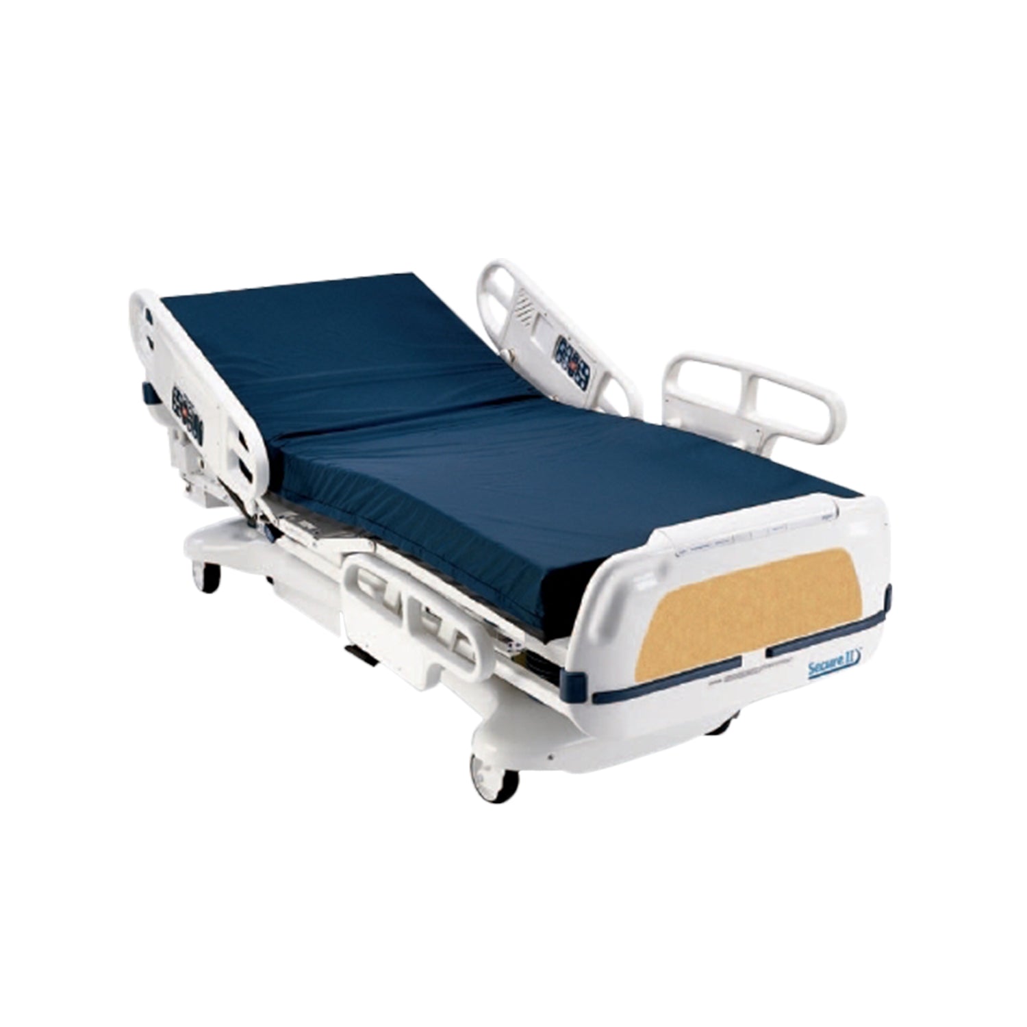 Stryker Secure II 3002 Hospital bed with blue mattress on a white background