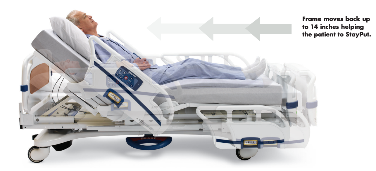 Stryker Secure III 3005 MedSurg Hospital bed with a patient lying on it, showing the adjustable feature.